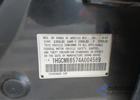 2004 Honda Accord 3.0 Ex from USA, damaged, VIN 1HGCM66574A004569